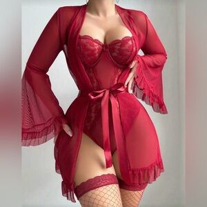🔥5/$25🔥New 4 Piece Burgundy Lace Jumpsuit, Stockings, Silk Belt, Mesh Robe XL
